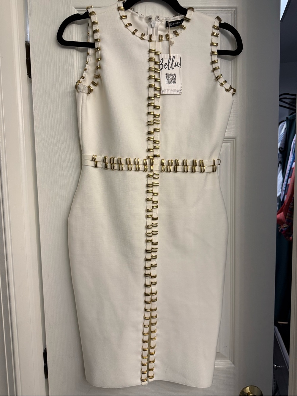 Bella White Sleeveless Sheath Dress with Gold Accent Trim